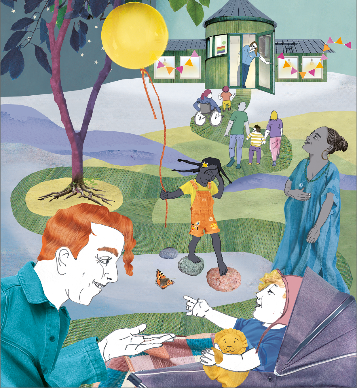 Illustration med familjer framför vårdcentral